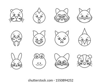 cute animals head cartoon icons set line style vector illustration
