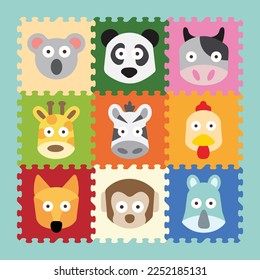 Cute animals head illustration with 9 pieces puzzle mat design 1