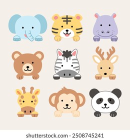 Animales lindos cabeza ilustración conjunto de iconos Paquete simple dibujo aislado colección zoológico mascotas fauna silvestre