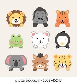 Animales lindos cabeza ilustración conjunto de iconos Paquete simple dibujo aislado colección zoológico mascotas fauna silvestre