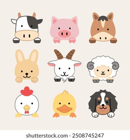 Animales lindos cabeza ilustración conjunto de iconos Paquete simple dibujo aislado colección zoológico mascotas fauna silvestre