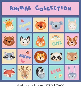 Cute animals head in a multicolored tiles collection