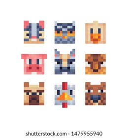 Cute animals head pixel art icon, owl cock, chicken, pig and dog. Design for logo, sticker and mobile app.  Vacation Holiday. Isolated vector illustration. 
