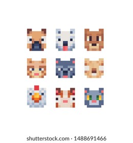 Cute animals head pixel art icon, owl cock, chicken, pig and dog. Design for logo, sticker and mobile app. Isolated vector illustration. 
