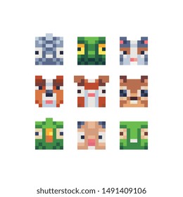 Cute animals head pixel art icon. Design for logo, sticker and mobile app.  Isolated vector illustration. 
