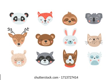 Cute animals head set. Childish print for cards, stickers, apparel and nursery decoration. Vector Illustration