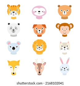 Cute animals head set for children card. Tiger, lion, panda, bunny, fox, cat, dog and other. Happy animal faces collection. Vector illustration isolated on white background.