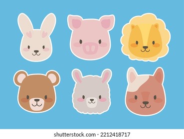 cute animals head stickers icon collection