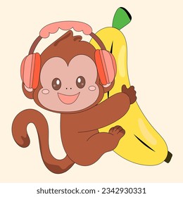 Cute animals in headphones monkey and banana
