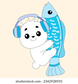 Cute animals in headphones polar bear and fish