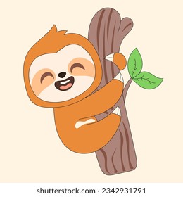 Cute animals in headphones sloth and branch