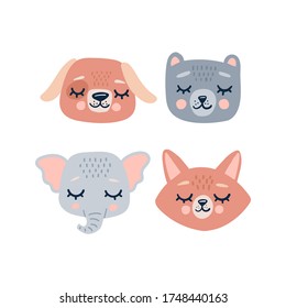 Cute animals heads face icons with closed eyes. Cute cartoon funny characters. Pet baby print collection. Happy valentines day. Baby shower. Scandinavian style Isolated on a white background.