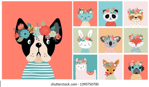 Cute animals heads with flower crown, vector illustrations for nursery design, poster, birthday greeting cards. Panda, llama, fox, coala, cat, dog, racoon and bunny