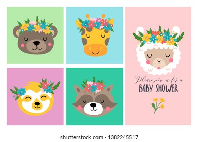 Cute animals heads with flowers set. Childish print for cards, stickers, apparel and nursery decoration