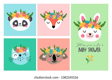 Cute animals heads with flowers set. Childish print for cards, stickers, apparel and nursery decoration