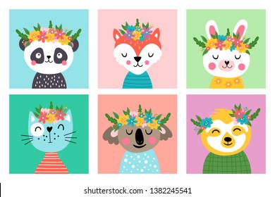 Cute animals heads with flowers set. Childish print for cards, stickers, apparel and nursery decoration