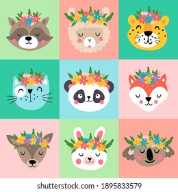 Cute animals heads with flowers set. Childish print for spring cards, stickers, apparel and decoration