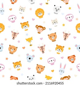 Cute animals heads seamless pattern background. Vector child illustration.