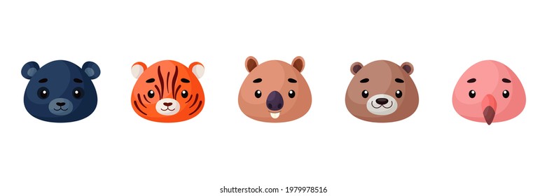 Cute animals heads set. Collection funny animals characters for kids cards, baby shower, birthday invitation, house interior. Bright colored childish vector illustration.