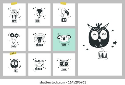 Cute animals heads set of vector illustrations. Design element, cards with hand drawn faces of wild animals and birds in cartoon modern style 