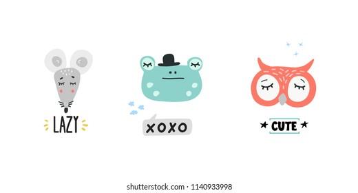 Cute animals heads with speech bubbles vector illustrations. Hand drawn cartoon wild and forest animals 