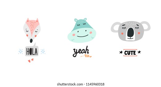 Cute animals heads with speech bubbles vector illustrations. Hand drawn cartoon wild animals for baby products 