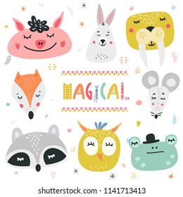 Cute animals heads vector illustration. Design element, clipart with hand drawn cartoon pig, walrus, mouse babies 