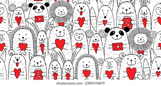 Cute animals with hearts in hands together. Be my Valentine. Valentine's day background. Vector seamless pattern for greeting, decoration, fabric, invitation etc