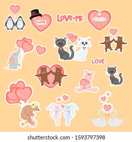 Cute animals with hearts for Valentine's Day in cartoon style. Lettering Love. Stickers.