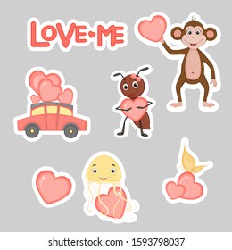 Cute animals with hearts for Valentine's Day in cartoon style. Lettering Love. Stickers.