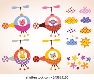 cute animals in helicopters kids design elements set