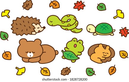 Cute animals hibernating in the fallen leaves