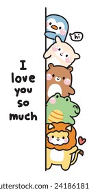 Cute animals hide at the wall with hI love you so much text.Peeking.Greeting.Penguin,sheep,bear,crocodile,lion hand drawn.Wild and reptile animal character cartoon design.Kawaii.Vector.Illustration.