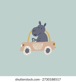Cute animals hippo in car vector style for baby or kids