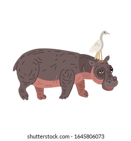 Cute animals - hippo. Illustrations for children. Baby Shower card. Cartoon character hippopotamus isolated on white background. African animal wildlife