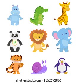 Cute animals hippopotamus crocodile giraffe panda lion elephant tiger snail penguin