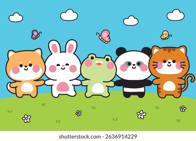 Cute animals hold hands on the flower garden cloud and sky have butterfly background.Shiba inu dog,rabbit,frog,panda bear,cat hand drawn.Kawaii.Vector.Illustration.