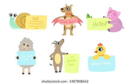Cute Animals Holding Banners Set, Adorable Happy Cartoon Characters Standing with Blank Sheets of Paper, Snail, Dog, Pig, Sheep, Goat, Chicken Vector Illustration