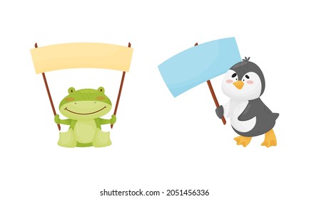 Cute Animals Holding Blank Sign Board on Pole Vector Set