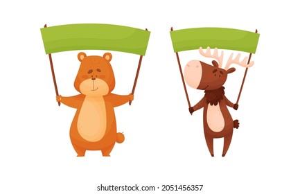 Cute Animals Holding Blank Sign Board on Pole Vector Set