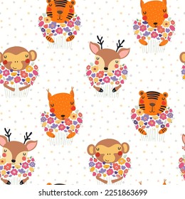 Cute animals holding bouquet of flowers seamless pattern on a white background. Hand drawn vector illustration. Scandinavian style flat design. Concept kids textile, fashion print, wallpaper, package.