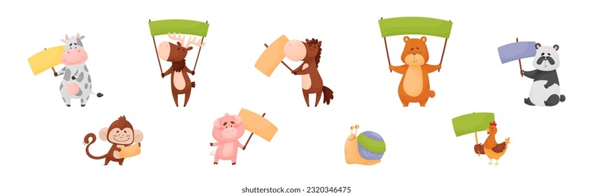 Cute Animals Holding Colorful Blank Banners Vector Illustration Set