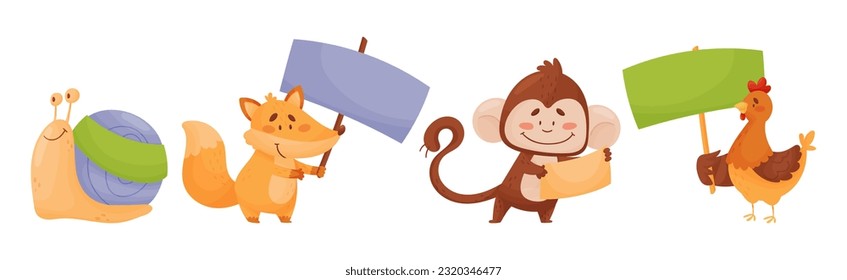 Cute Animals Holding Colorful Blank Banners Vector Illustration Set