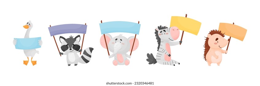 Cute Animals Holding Colorful Blank Banners Vector Illustration Set