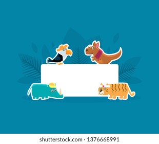 Cute Animals Holding Empty Banner, Toucan, Kangaroo, Rhino, Tiger Stickers with White Blank Signboard Vector Illustration