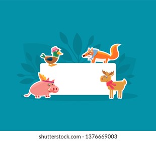 Cute Animals Holding Empty Banner, Pig, Duck, Fox and Deer Stickers with White Blank Signboard Vector Illustration