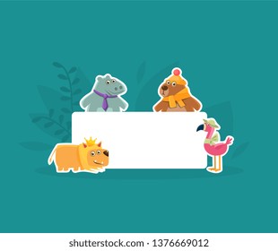 Cute Animals Holding Empty Banner, Hhippopotamus, Flamingo, Bbear and Lion Stickers with White Blank Signboard