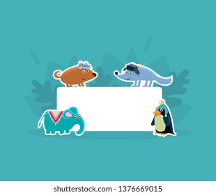 Cute Animals Holding Empty Banner, Wolf, Elephant, Penguin Stickers with White Blank Signboard Vector Illustration