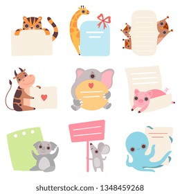 Cute Animals Holding Empty Banners Set, Funny Cartoon Tiger, Giraffe, Owlets, Cow, Elephant, Piglet, Koala Bear, Mouse, Octopus with Blank Sign Boards Vector Illustration