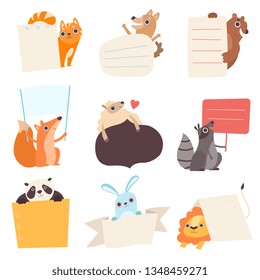 Cute Animals Holding Empty Banners Set, Funny Cartoon Cat, Dog, Bear, Fox, Sheep, Raccoon, Panda, Rabbit, Lion with Blank Sign Boards Vector Illustration